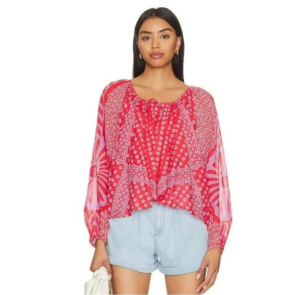 Free People Elena Red/Pink Cotton Floral Print Breezy Boho Long Sleeve S Small - Picture 13 of 13